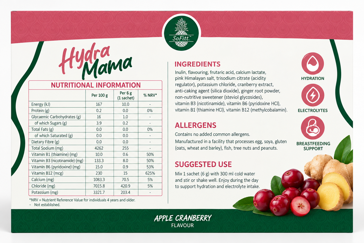 Hydra Mama Apple Cranberry electrolyte drink packaging label and product information