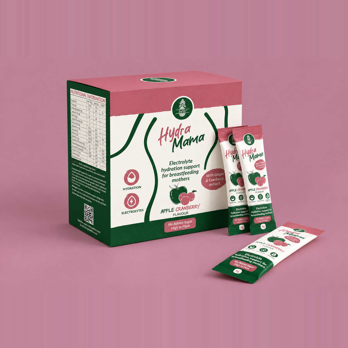 SoFitt Hydra Mama Apple Cranberry electrolyte drink box with individual hydration sachets on pink background