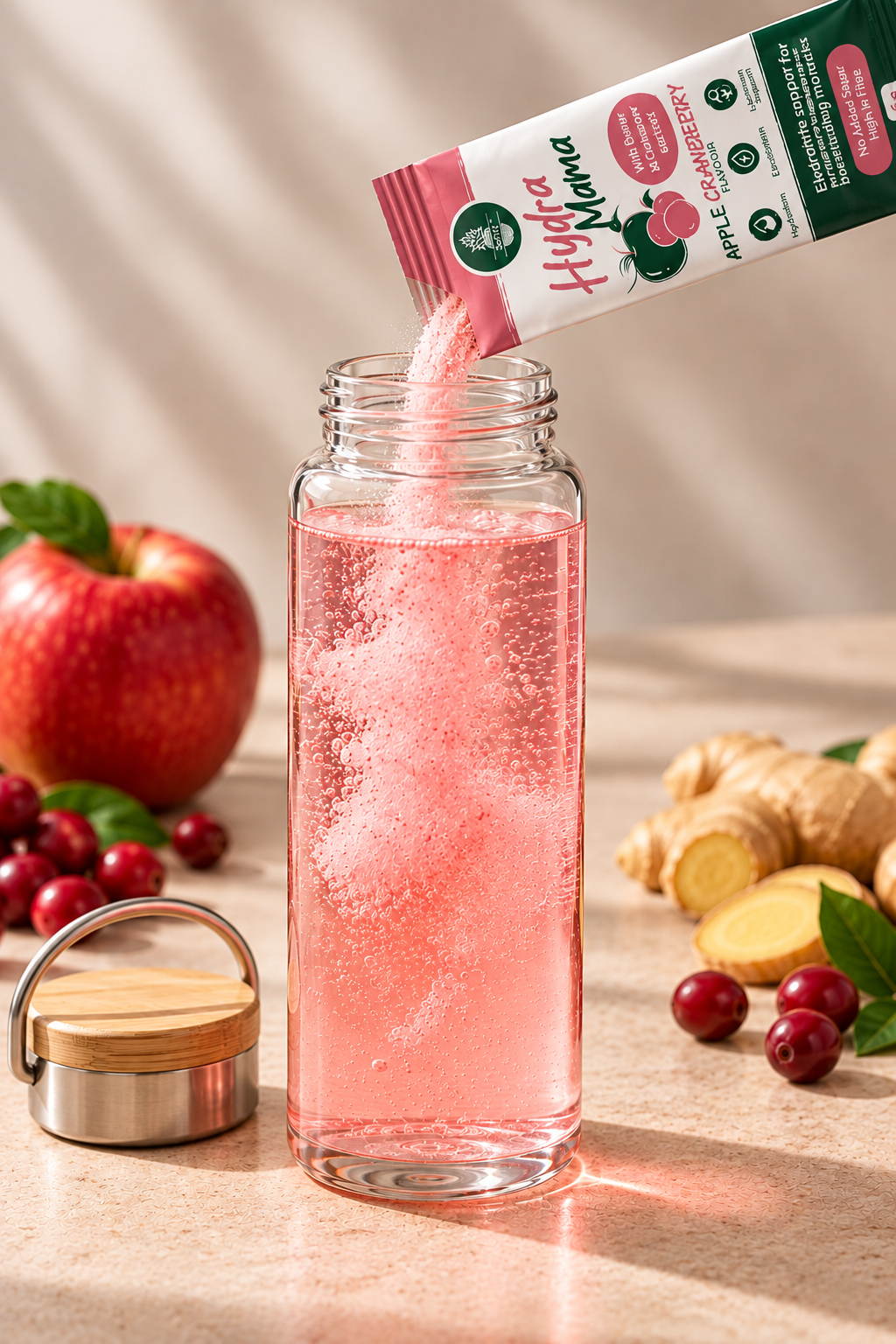 Hydra Mama Apple Cranberry hydration powder promotional product graphic